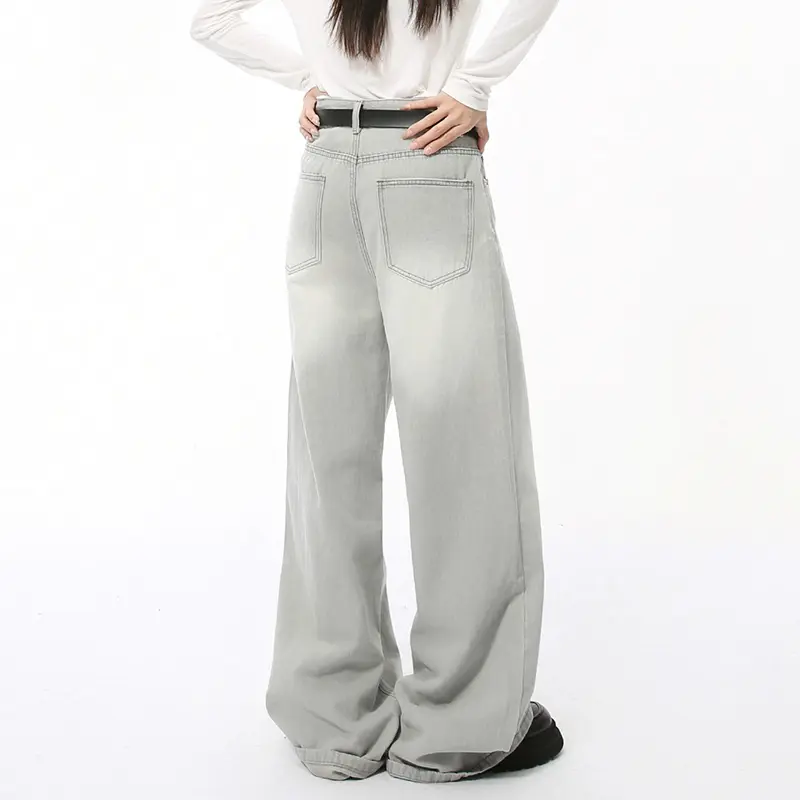 IEFB Loose Casual Men's Denim Pants New Cat Beard Washed Grinding White Light Grey Straight Wide Leg Jeans Four Seasons 9C4276