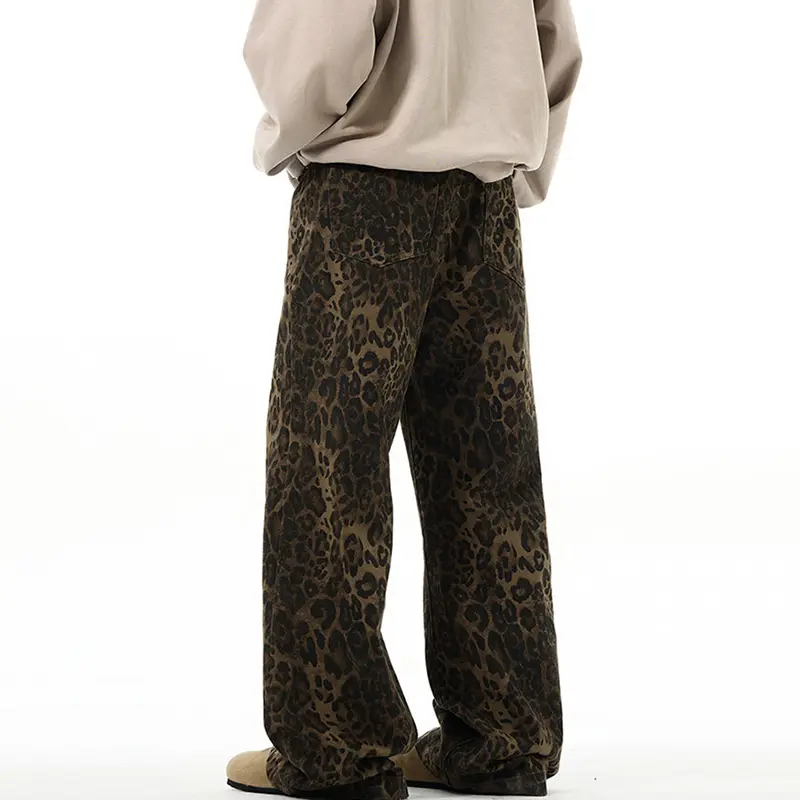 IEFB High Street Men's Jeans Leopard Print Casual Vintage American Denim Pants Straight Wide Leg Loose Male Trousers New 9W1219