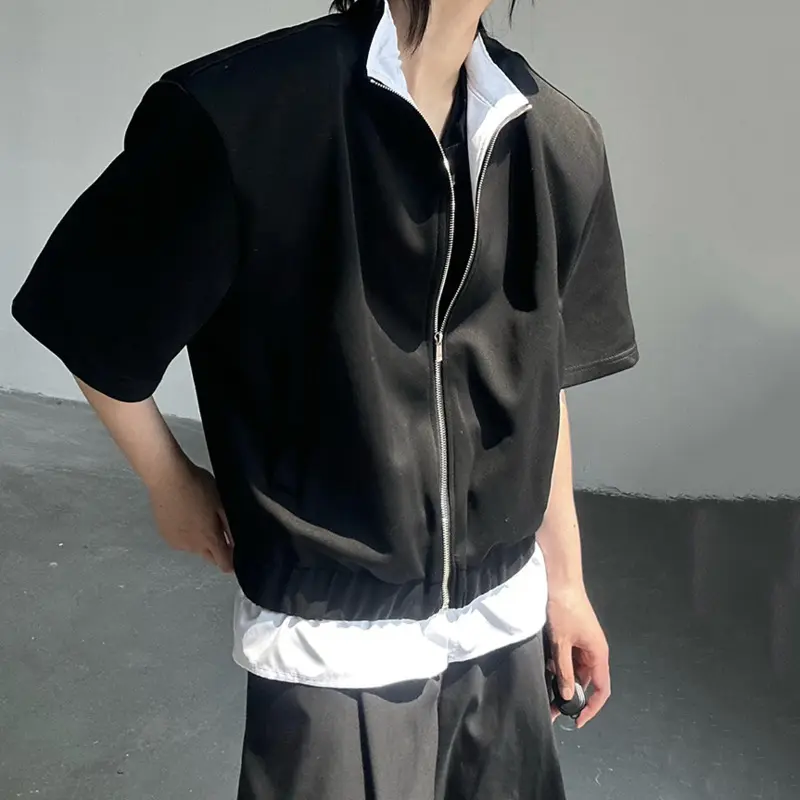 IEFB Niche Design Men's Jackets Stand Collar Fake Two-piece Contrast Color Zipper Short Sleeve Loose Male Coats Stylish 9W2947