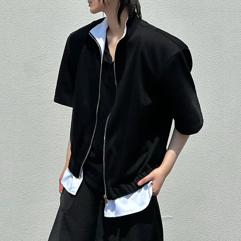 IEFB Niche Design Men's Jackets Stand Collar Fake Two-piece Contrast Color Zipper Short Sleeve Loose Male Coats Stylish 9W2947