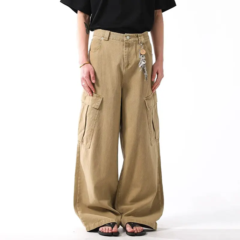 IEFB Multi Pockets Men's Cargo Trousers Solid Color Casual Straight Leg American Style Wide-leg Cleanfit Male Pants Tide 9W4319
