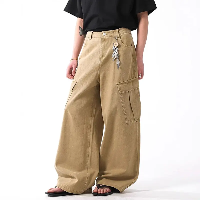 IEFB Multi Pockets Men's Cargo Trousers Solid Color Casual Straight Leg American Style Wide-leg Cleanfit Male Pants Tide 9W4319