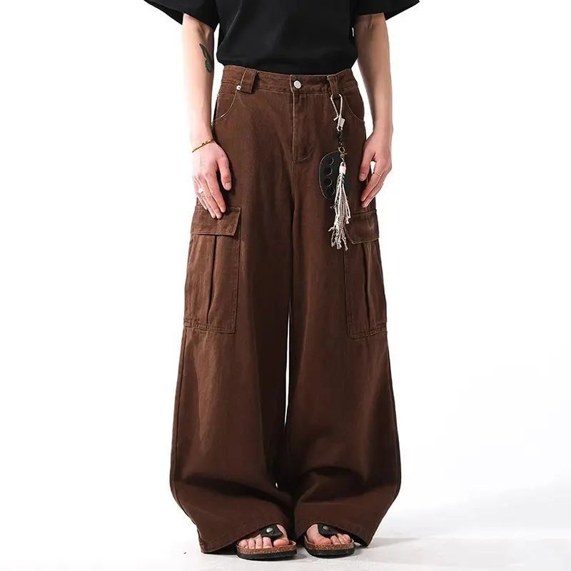 IEFB Multi Pockets Men's Cargo Trousers Solid Color Casual Straight Leg American Style Wide-leg Cleanfit Male Pants Tide 9W4319