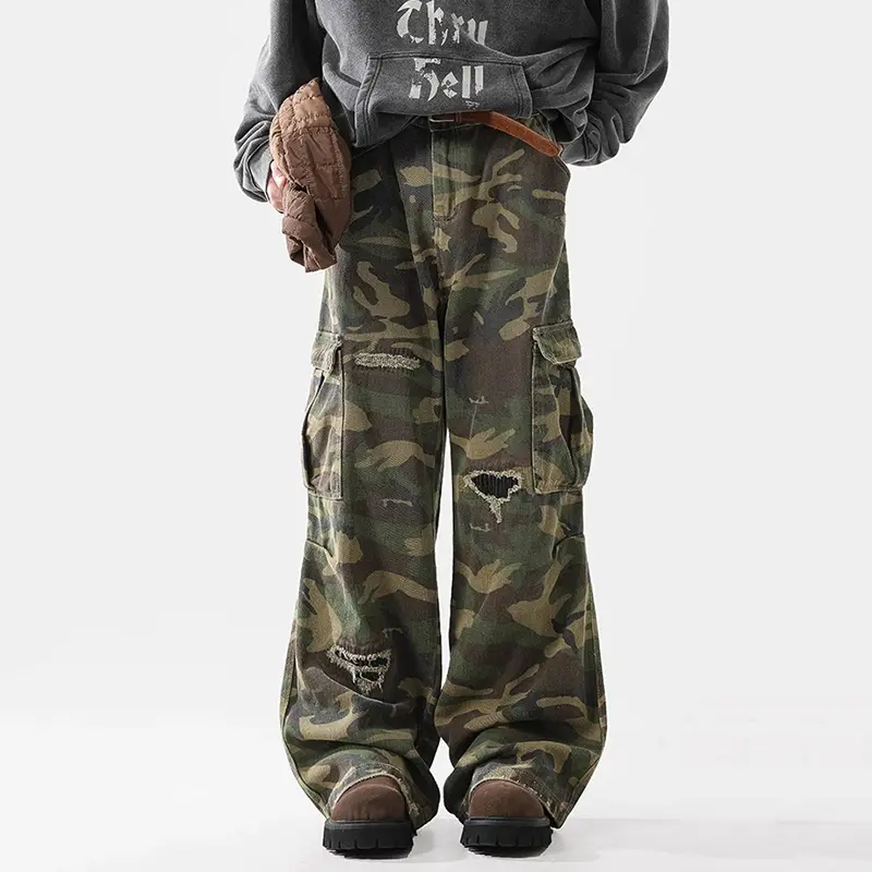 IEFB High Street Men's Casual Trousers Camouflage Lager Pockets Holes Contrast Color Patchwork Loose Trendy Male Pants 9W3990
