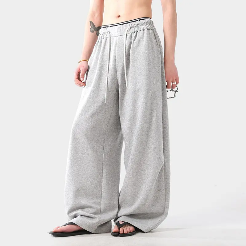 IEFB Niche Design Men's Casual Sweatpants Pleated Design Drawstring Solid Color Elastic Waist Male Curved Knife Trousers 9W4329