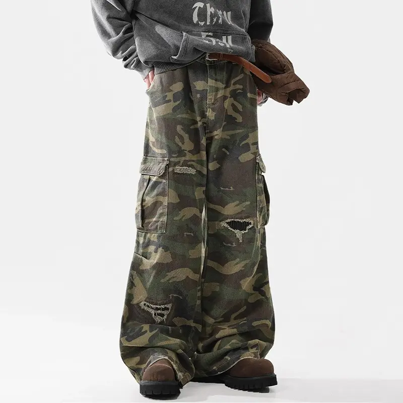 IEFB High Street Men's Casual Trousers Camouflage Lager Pockets Holes Contrast Color Patchwork Loose Trendy Male Pants 9W3990