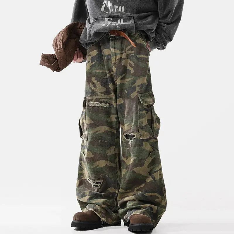 IEFB High Street Men's Casual Trousers Camouflage Lager Pockets Holes Contrast Color Patchwork Loose Trendy Male Pants 9W3990