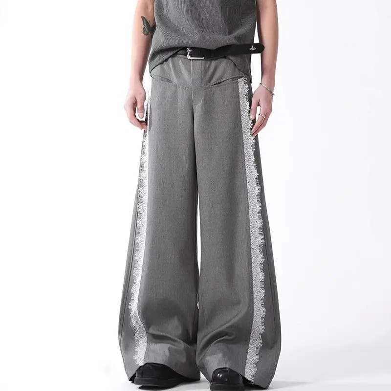 IEFB Stylish New Men's Casual Pants Lacework Patchwork Contrast Color Wide Leg Bottom Vintage All-match Male Trousers 9W4316