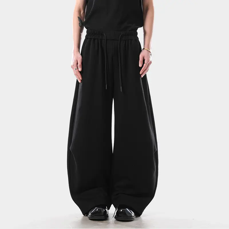 IEFB Niche Design Men's Casual Sweatpants Pleated Design Drawstring Solid Color Elastic Waist Male Curved Knife Trousers 9W4329