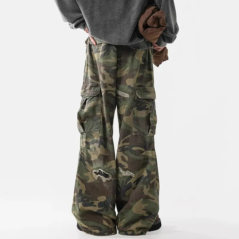 IEFB High Street Men's Casual Trousers Camouflage Lager Pockets Holes Contrast Color Patchwork Loose Trendy Male Pants 9W3990