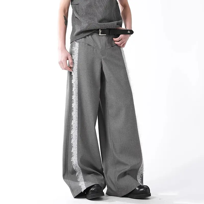 IEFB Stylish New Men's Casual Pants Lacework Patchwork Contrast Color Wide Leg Bottom Vintage All-match Male Trousers 9W4316