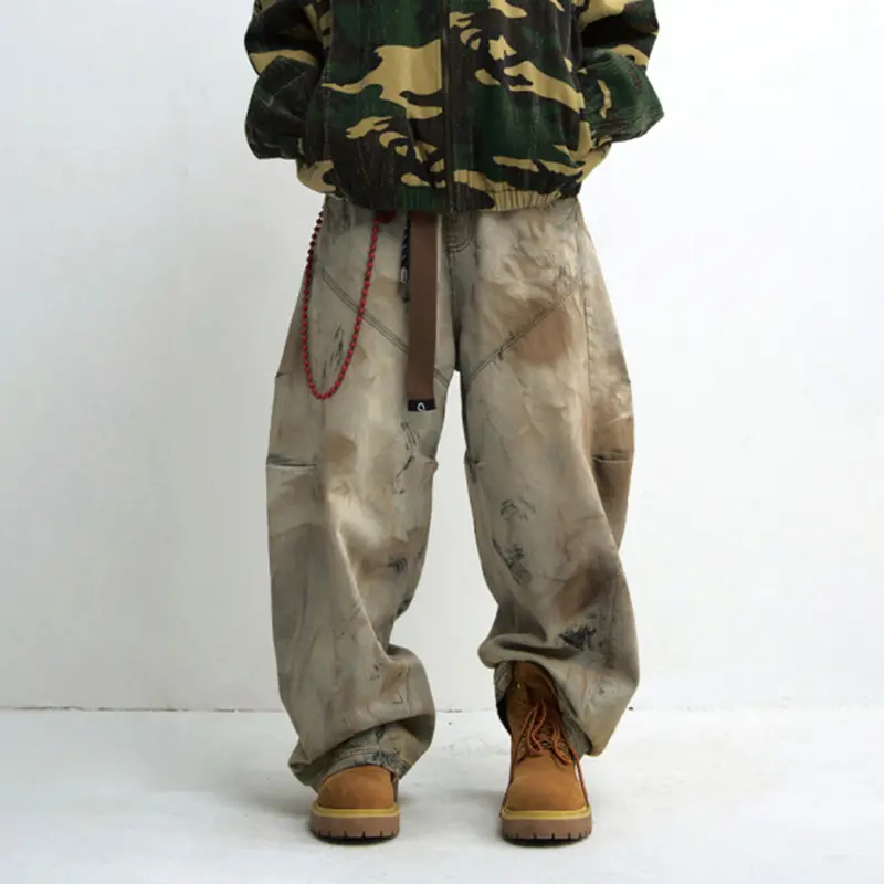 IEFB Male Curved-knife Jeans Yellow Mud Dyed Dirty Wash Wide Leg Washed Vintage Loose Denim Pants Baggy Men New Fashion 9W3948