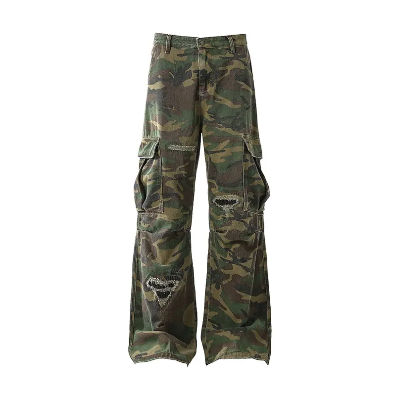 IEFB High Street Men's Casual Trousers Camouflage Lager Pockets Holes Contrast Color Patchwork Loose Trendy Male Pants 9W3990