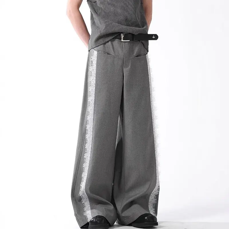 IEFB Stylish New Men's Casual Pants Lacework Patchwork Contrast Color Wide Leg Bottom Vintage All-match Male Trousers 9W4316