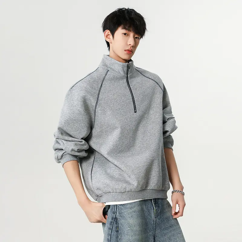 IEFB Korean Style Men's Sweatshirts Solid Color Half Zipper Design Stand Collar Loose Pullover Silhouette Male Tops New 9W4311