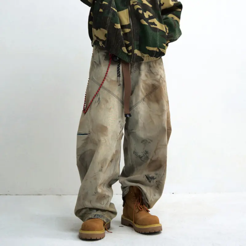 IEFB Male Curved-knife Jeans Yellow Mud Dyed Dirty Wash Wide Leg Washed Vintage Loose Denim Pants Baggy Men New Fashion 9W3948