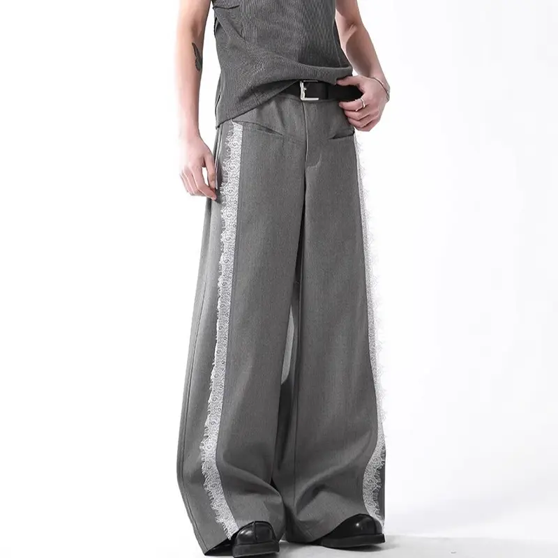 IEFB Stylish New Men's Casual Pants Lacework Patchwork Contrast Color Wide Leg Bottom Vintage All-match Male Trousers 9W4316