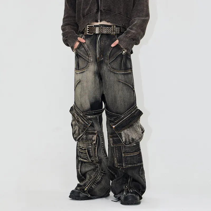 IEFB High Street Men's Denim Pants Lace Up Design Zipper Patchwork Solid Color Detachable Pockets Washed Male Trousers 9W3937