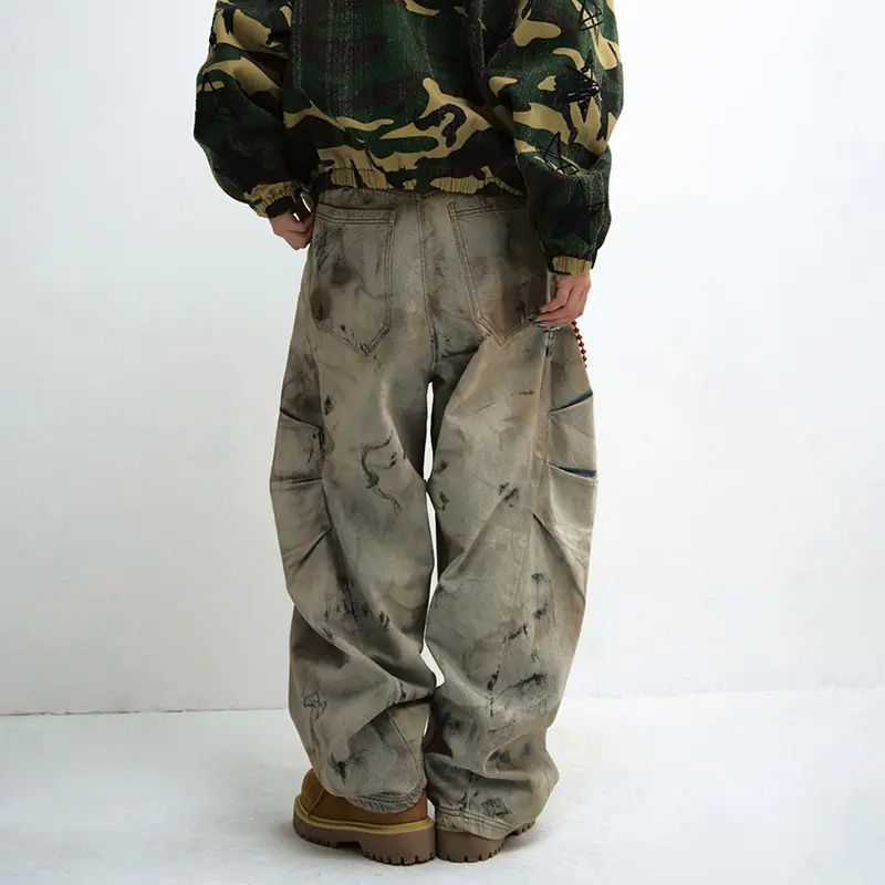 IEFB Male Curved-knife Jeans Yellow Mud Dyed Dirty Wash Wide Leg Washed Vintage Loose Denim Pants Baggy Men New Fashion 9W3948