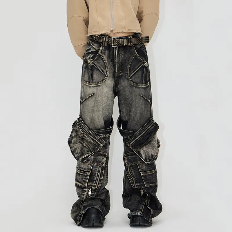 IEFB High Street Men's Denim Pants Lace Up Design Zipper Patchwork Solid Color Detachable Pockets Washed Male Trousers 9W3937