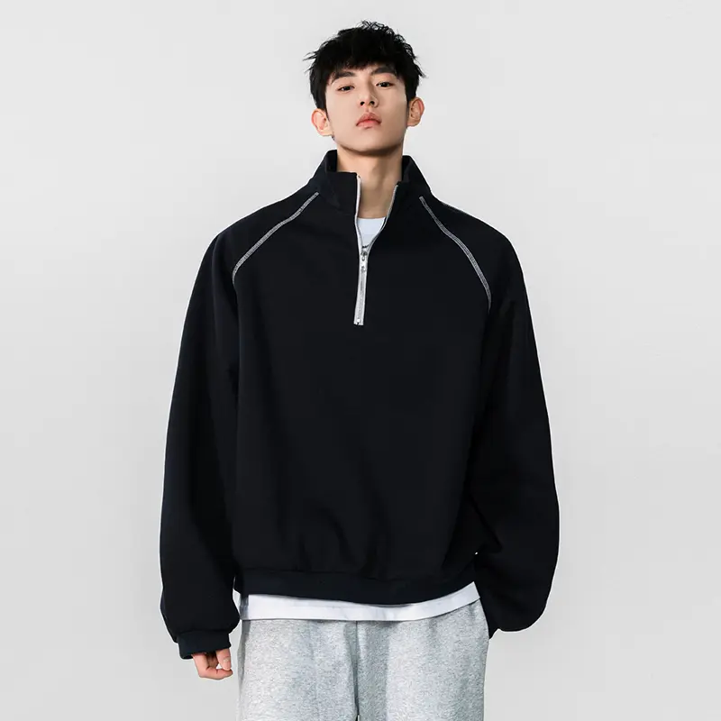 IEFB Korean Style Men's Sweatshirts Solid Color Half Zipper Design Stand Collar Loose Pullover Silhouette Male Tops New 9W4311
