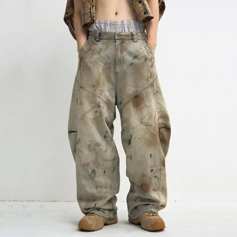 IEFB Male Curved-knife Jeans Yellow Mud Dyed Dirty Wash Wide Leg Washed Vintage Loose Denim Pants Baggy Men New Fashion 9W3948