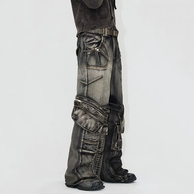 IEFB High Street Men's Denim Pants Lace Up Design Zipper Patchwork Solid Color Detachable Pockets Washed Male Trousers 9W3937