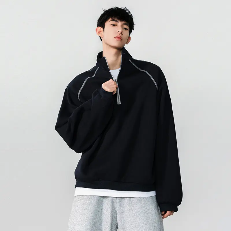 IEFB Korean Style Men's Sweatshirts Solid Color Half Zipper Design Stand Collar Loose Pullover Silhouette Male Tops New 9W4311