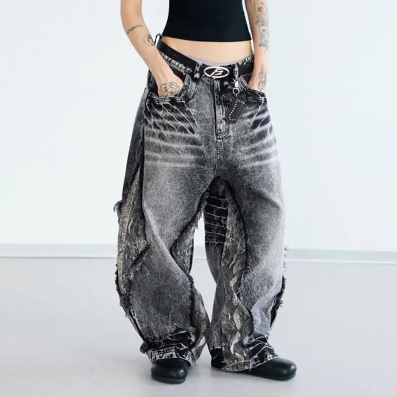 IEFB Niche Design Men's Denim Pants Raw Edge Design Snakeskin Patchwork Worn-out Deconstruction Contrast Color Male Jeans 9W3939