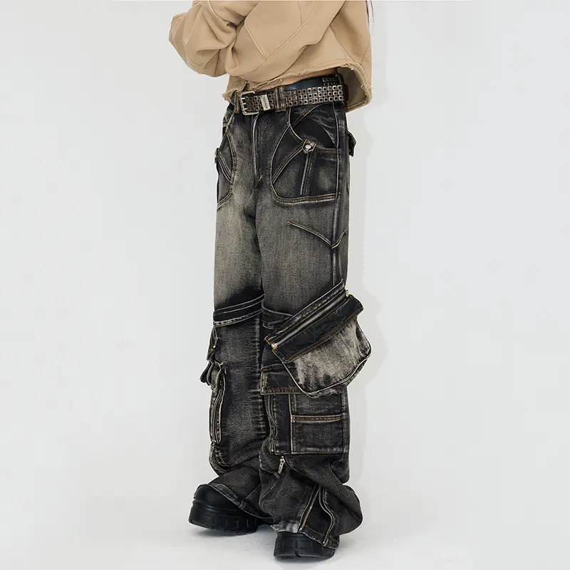 IEFB High Street Men's Denim Pants Lace Up Design Zipper Patchwork Solid Color Detachable Pockets Washed Male Trousers 9W3937