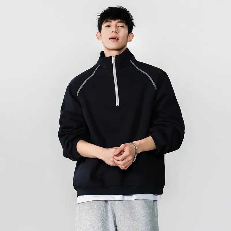 IEFB Korean Style Men's Sweatshirts Solid Color Half Zipper Design Stand Collar Loose Pullover Silhouette Male Tops New 9W4311