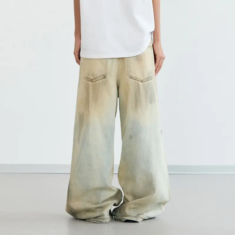 IEFB American Style Men's Jeans Dirty-dying Contrast Color Washing Holes Design Worn-out Male Straight Leg Denim Pants 9W3938