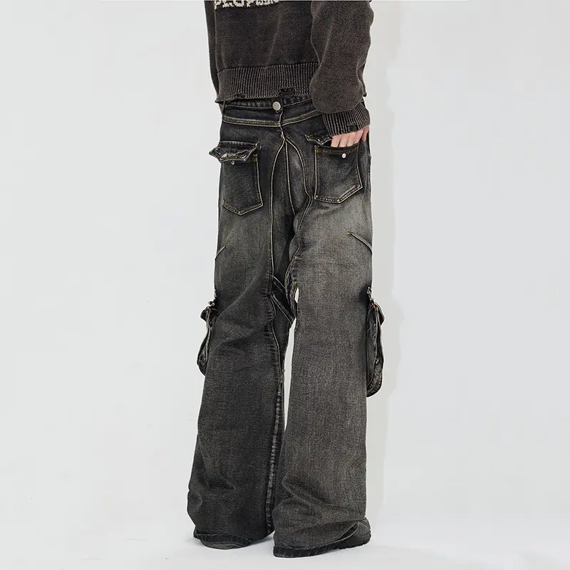 IEFB High Street Men's Denim Pants Lace Up Design Zipper Patchwork Solid Color Detachable Pockets Washed Male Trousers 9W3937
