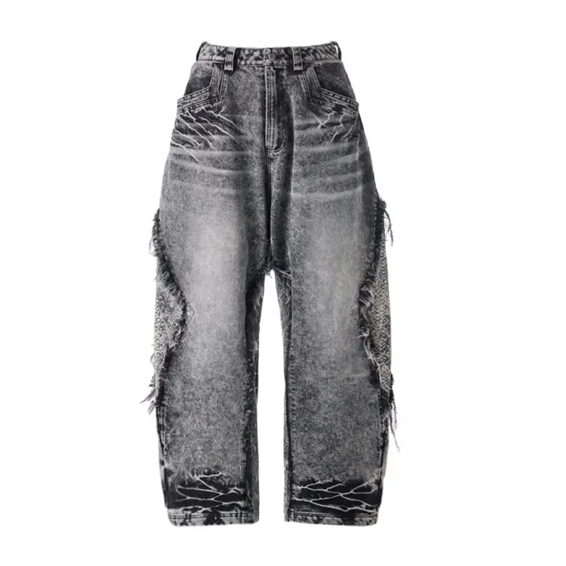 IEFB Niche Design Men's Denim Pants Raw Edge Design Snakeskin Patchwork Worn-out Deconstruction Contrast Color Male Jeans 9W3939