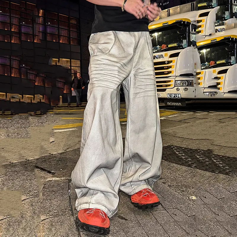 IEFB High Street Men's Jeans Washing Dirty-dying Staining Contrast Color Loose Wide Leg All-match Male Denim Pants Trendy 9W3941