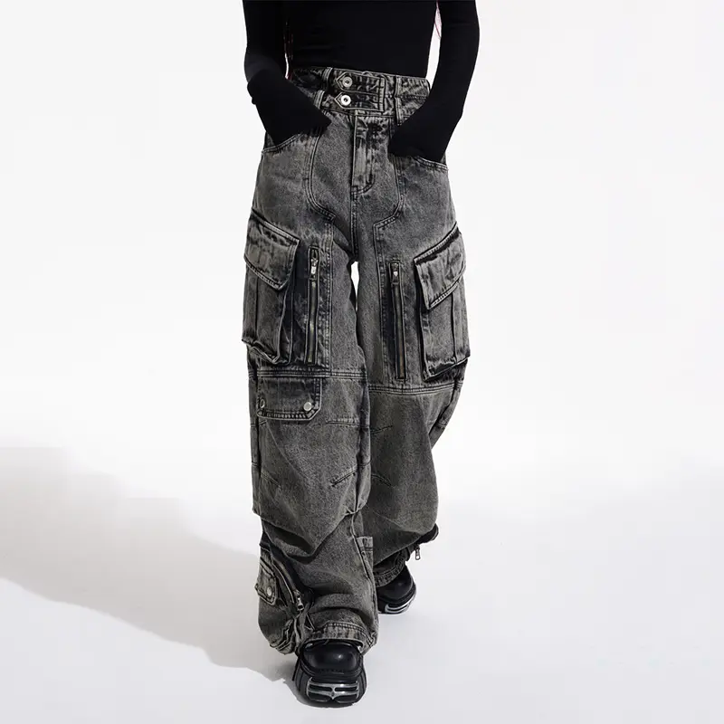 IEFB American Style Men's Jeans Multi Pockets Design Solid Color Deconstruction All-match Wide Leg Loose Male Denim Pants 9W3935