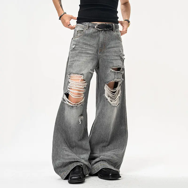 IEFB Niche Design Men's Denim Pants Worn-out Holes Washing Straight Leg Trousers Solid Color Cleanfit Male Jeans Summer 9W3940