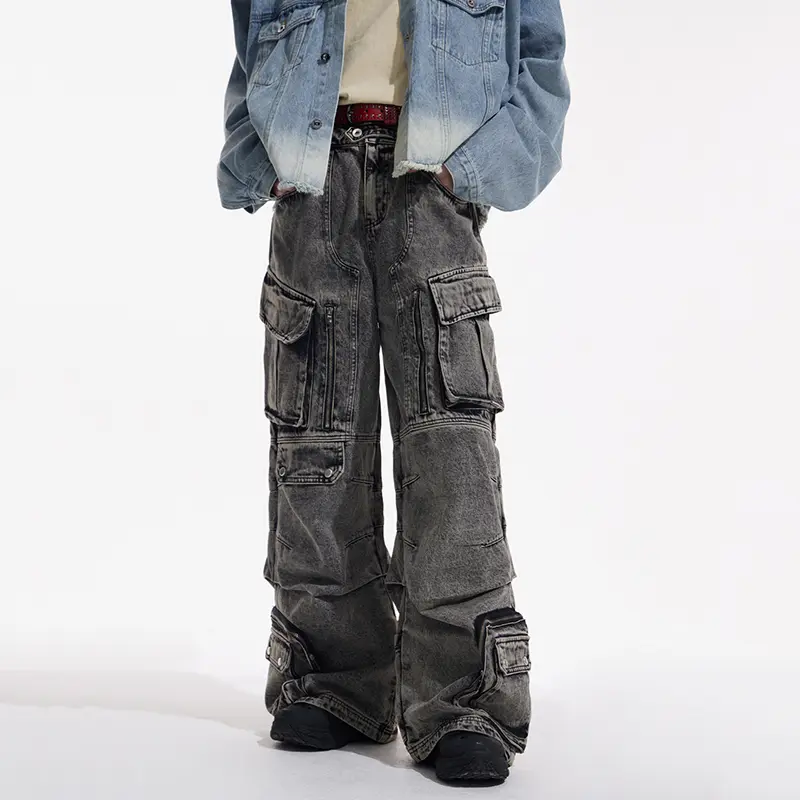 IEFB American Style Men's Jeans Multi Pockets Design Solid Color Deconstruction All-match Wide Leg Loose Male Denim Pants 9W3935