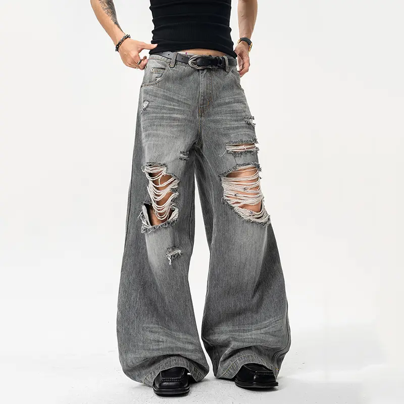 IEFB Niche Design Men's Denim Pants Worn-out Holes Washing Straight Leg Trousers Solid Color Cleanfit Male Jeans Summer 9W3940