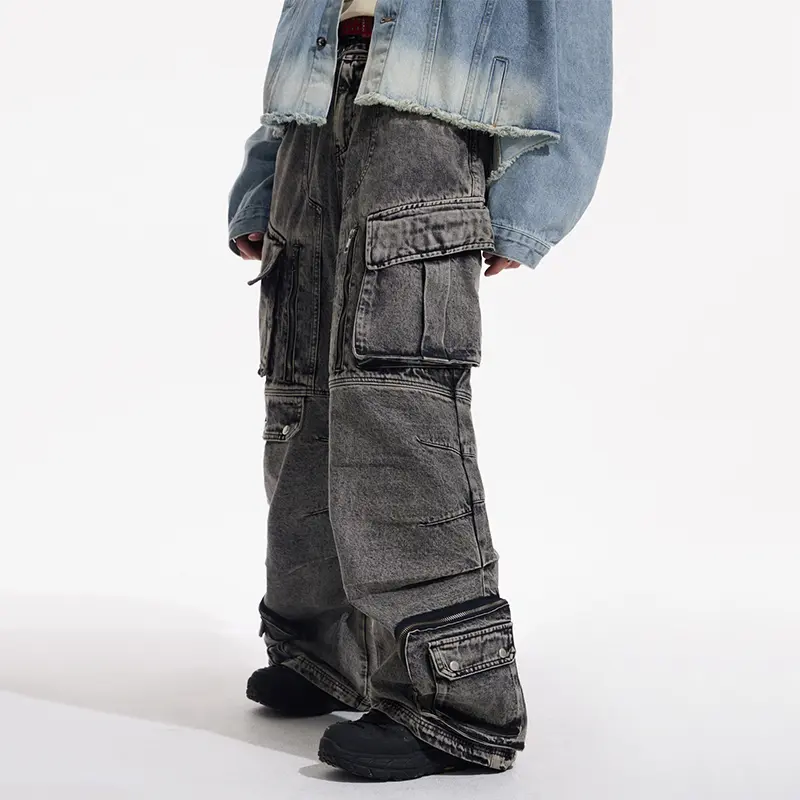 IEFB American Style Men's Jeans Multi Pockets Design Solid Color Deconstruction All-match Wide Leg Loose Male Denim Pants 9W3935