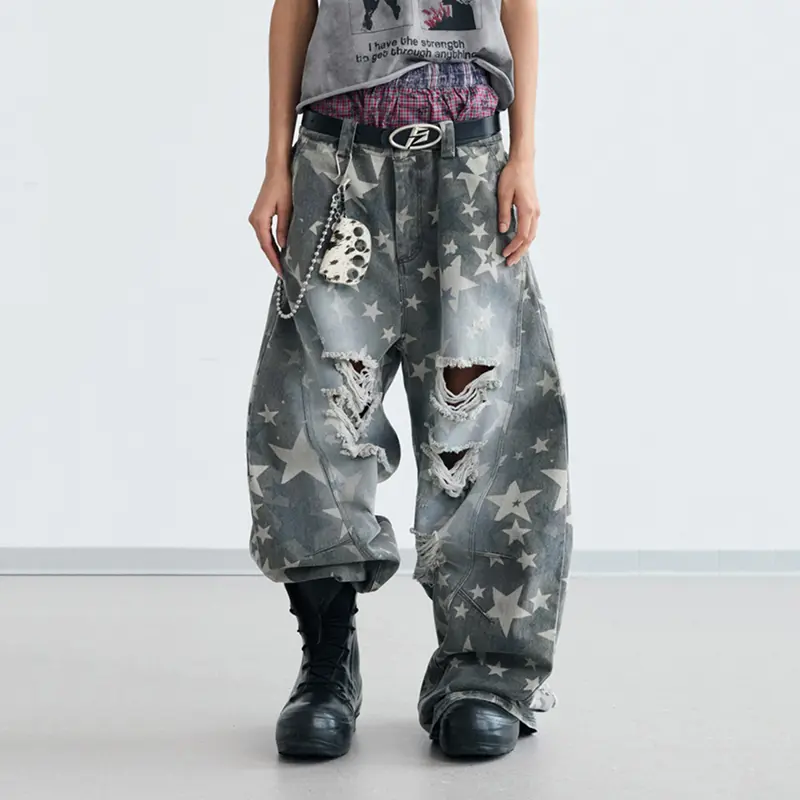IEFB Star Pattern Distressed Ripped Scimitar Pants Men Baggy Jeans Autumn Loose Casual Wide Leg Denim Trousers Vintage 9W3946