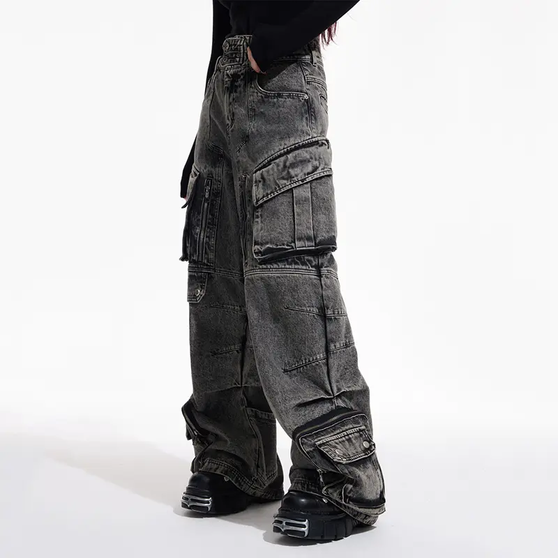 IEFB American Style Men's Jeans Multi Pockets Design Solid Color Deconstruction All-match Wide Leg Loose Male Denim Pants 9W3935
