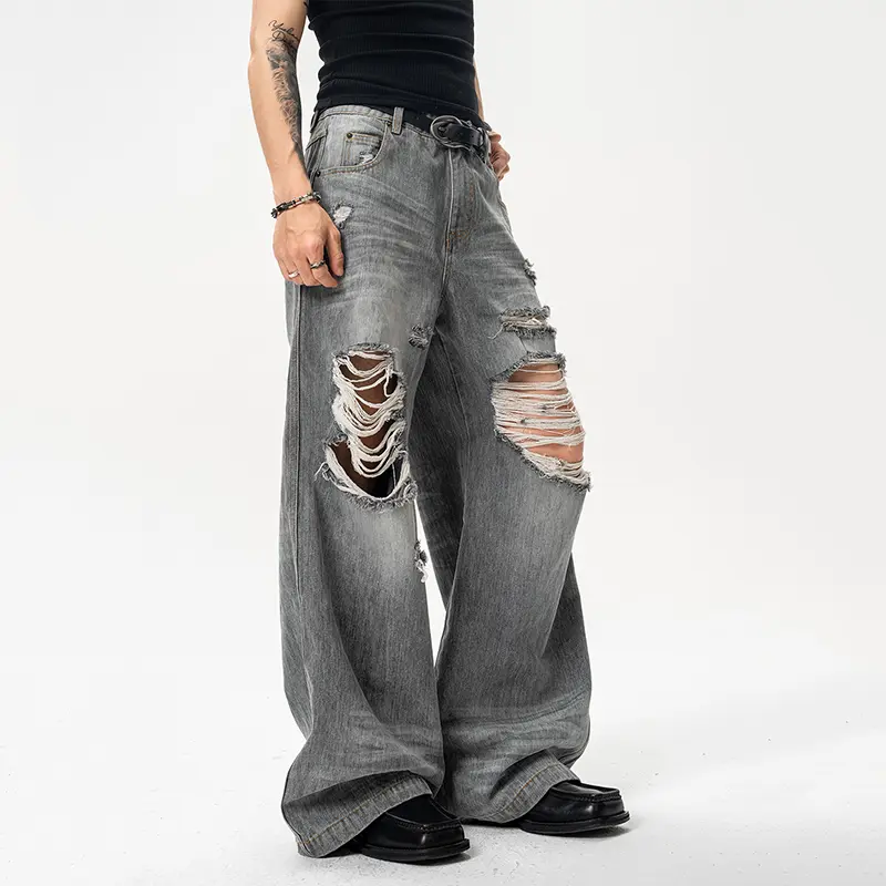 IEFB Niche Design Men's Denim Pants Worn-out Holes Washing Straight Leg Trousers Solid Color Cleanfit Male Jeans Summer 9W3940