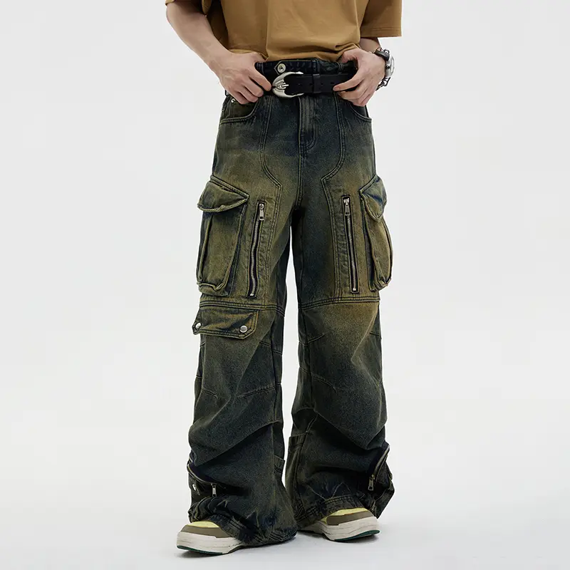 IEFB American Style Men's Jeans Multi Pockets Design Solid Color Deconstruction All-match Wide Leg Loose Male Denim Pants 9W3935