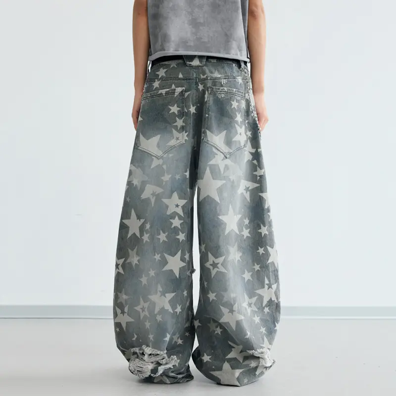 IEFB Star Pattern Distressed Ripped Scimitar Pants Men Baggy Jeans Autumn Loose Casual Wide Leg Denim Trousers Vintage 9W3946