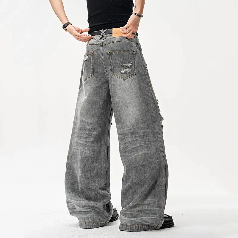 IEFB Niche Design Men's Denim Pants Worn-out Holes Washing Straight Leg Trousers Solid Color Cleanfit Male Jeans Summer 9W3940