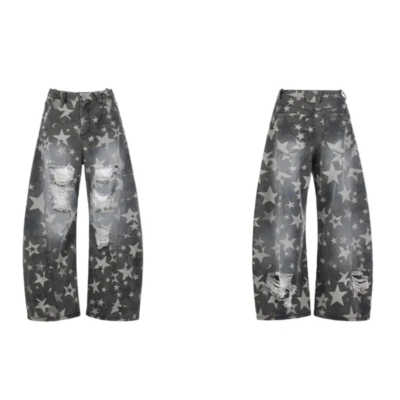 IEFB Star Pattern Distressed Ripped Scimitar Pants Men Baggy Jeans Autumn Loose Casual Wide Leg Denim Trousers Vintage 9W3946