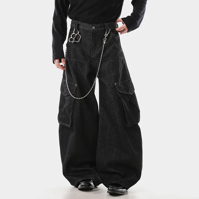 IEFB American Style Men's Denim Pants Solid Color Multi Pockets Curved Knife Trousers Wide Leg Loose Male Jeans Stylish 9W4312