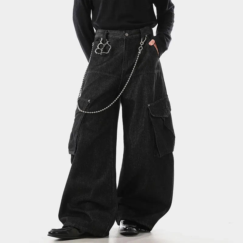 IEFB American Style Men's Denim Pants Solid Color Multi Pockets Curved Knife Trousers Wide Leg Loose Male Jeans Stylish 9W4312