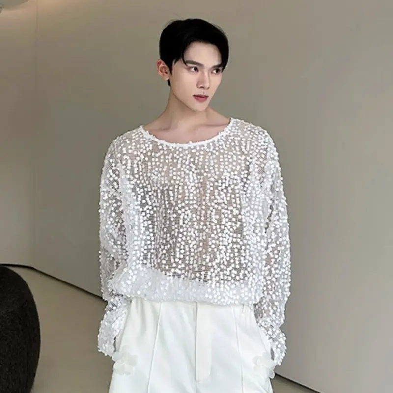 IEFB Fashion Men's Tees Round Collar Sequins Decoration Niche Design Long Sleeved Casual Pullover Mesh Hollow Out T-shirt 9W4064